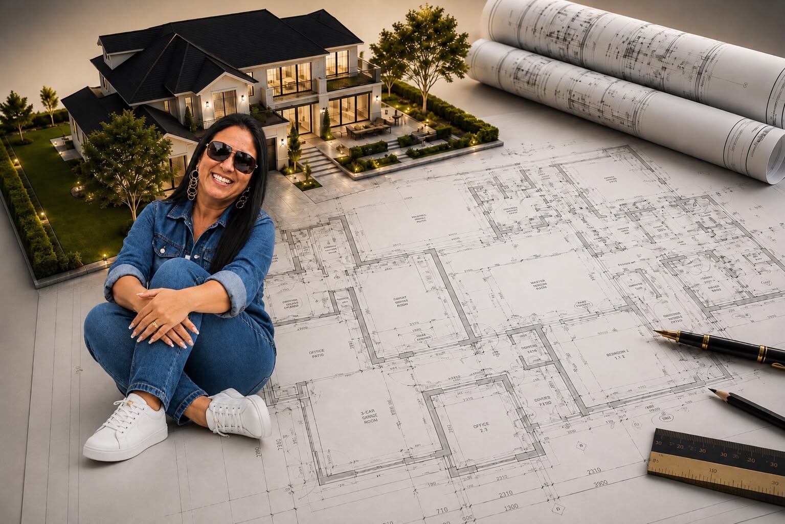 Rosangela — founder, with floor plan and project render