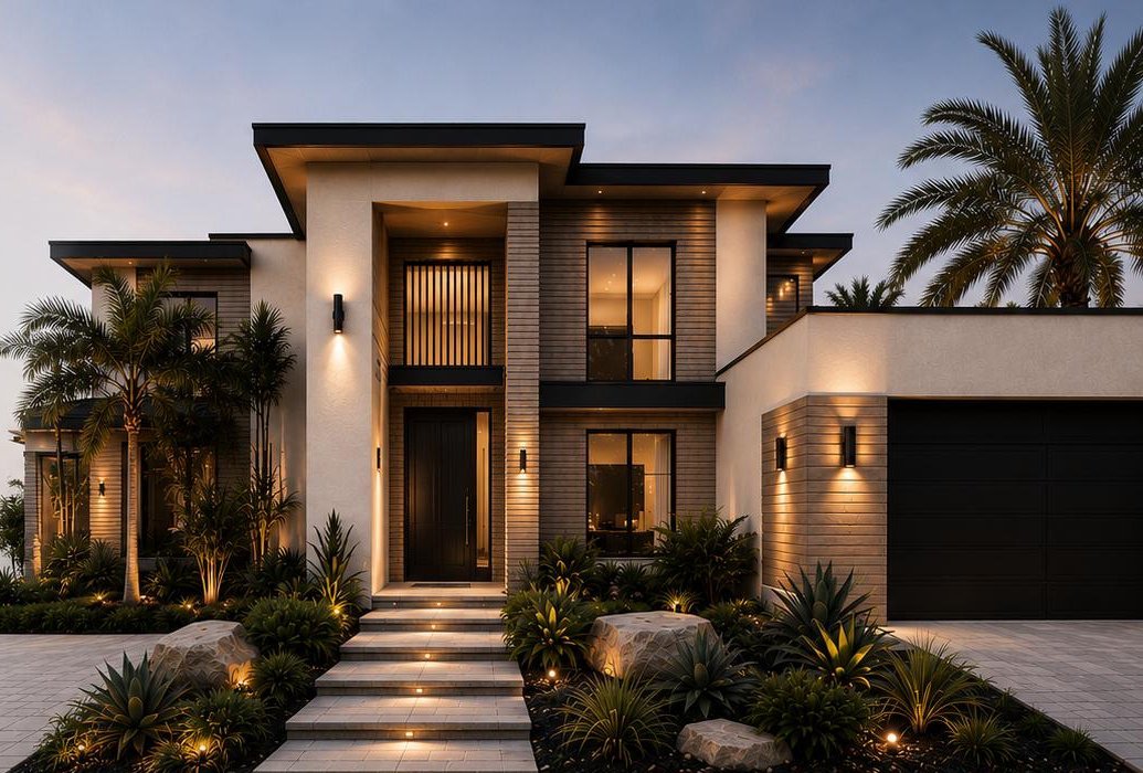 Luxury remodel — modern facade at dusk